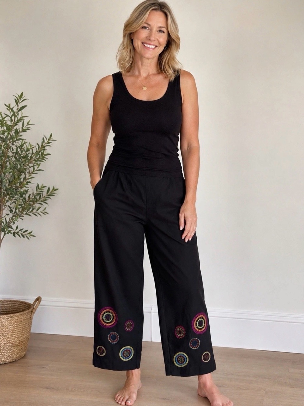 Embroidered Hem Black Wide-Leg Pants